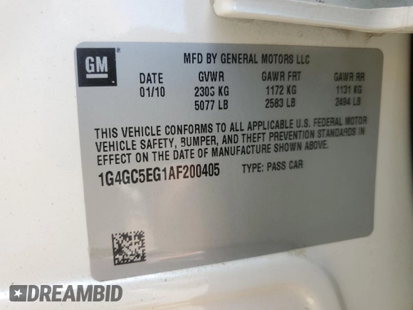2010 Buick LaCrosse CXL with VIN 1G4GC5EG1AF200405, listed as a Copart auction lot 58782215 with Not provided miles and Salvage title. Bid and sale history available at DreamBid. Image 13.