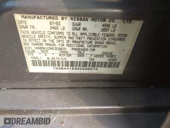2004 Nissan Maxima SE with VIN 1N4BA41E84C839072, listed as a IAAI auction lot 41781618 with 139,093 mi miles and . Bid and sale history available at DreamBid. Image 9.