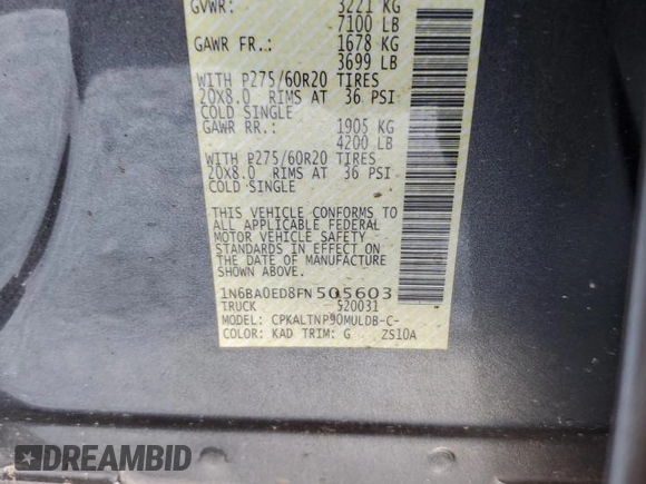 2015 Nissan Titan SV with VIN 1N6BA0ED8FN505603, listed as a Copart auction lot 59299075 with 160,031 mi miles and Non repairable. Bid and sale history available at DreamBid. Image 12.