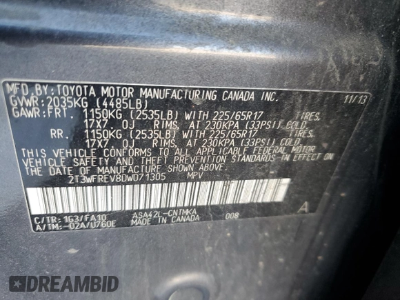 2013 Toyota RAV4 XLE z VIN 2T3WFREV8DW071305, wystawiony jako Copart lot #61716835 z przebiegiem 206 114 mil mil oraz Szkoda całkowita • Salvage title. Historia ofert i sprzedaży dostępna na DreamBid. Obrazek 12.