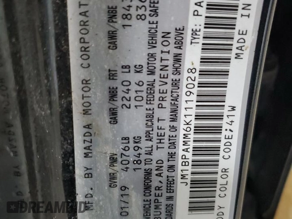 2019 Mazda 3 Preferred z VIN JM1BPAMM6K1119028, wystawiony jako Copart lot #57424145 z przebiegiem 76 654 mil mil oraz Szkoda całkowita • Salvage title. Historia ofert i sprzedaży dostępna na DreamBid. Obrazek 12.