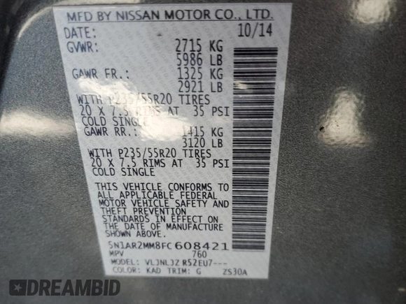2015 Nissan Pathfinder SV with VIN 5N1AR2MM8FC608421, listed as a Copart auction lot 52935185 with 124,602 mi miles and Salvage Title. Bid and sale history available at carsss.com. Image 13.
