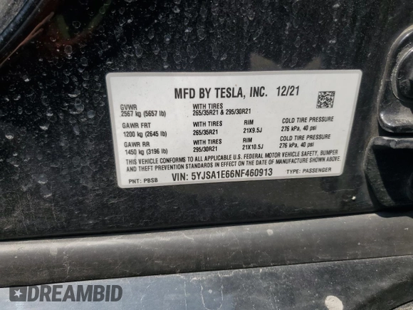 2022 Tesla Model S Plaid with VIN 5YJSA1E66NF460913, listed as a Copart auction lot 60534665 with 47,595 mi miles and Salvage title. Bid and sale history available at DreamBid. Image 12.