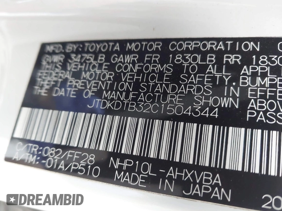 2012 Toyota Prius One with VIN JTDKDTB32C1504344, listed as a IAAI auction lot 42133870 with 183,836 mi miles and . Bid and sale history available at DreamBid. Image 9.