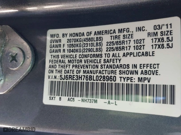 2011 Honda CR-V EX-L with VIN 5J6RE3H76BL028960, listed as a IAAI auction lot 41585494 with 84,967 mi miles. Bid and sale history available at carsss.com. Image 9.