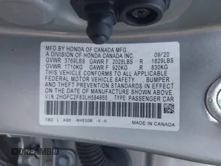 2020 Honda Civic Sedan Sport with VIN 2HGFC2F83LH584955, listed as a IAAI auction lot 41832904 with Not Provided miles. Bid and sale history available at carsss.com. Image 9.