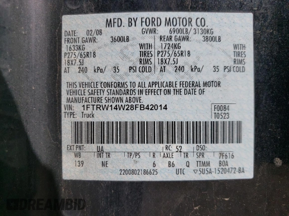 2008 Ford F-150 XL с VIN 1FTRW14W28FB42014, выставлен на аукционе Copart как лот 52368465 с пробегом 170 570 миль миль и Списание • Salvage title. История ставок и продаж доступна на DreamBid. Изображение 12.