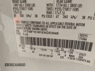 2014 Ford F-150 XL with VIN 1FTMF1CM1EKD53945, listed as a IAAI auction lot 41889789 with 296,163 mi miles and . Bid and sale history available at DreamBid. Image 9.
