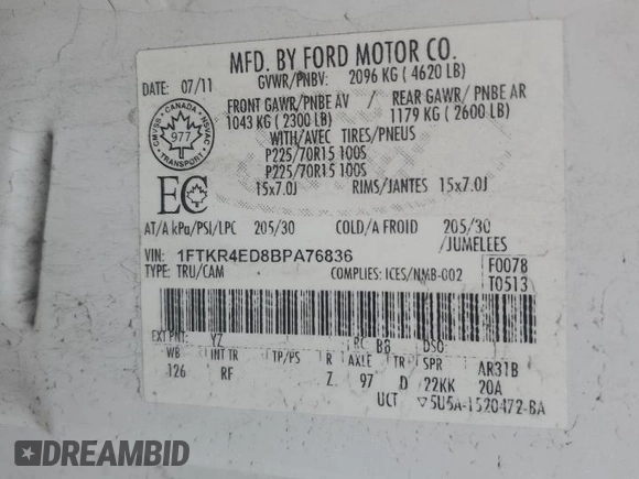 2011 Ford Ranger with VIN 1FTKR4ED8BPA76836, listed as a Copart auction lot 78850084 with 168,908 mi miles and Clean Title. Bid and sale history available at DreamBid. Image 12.