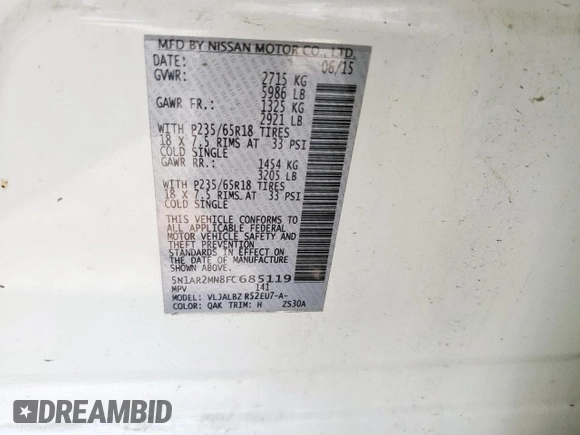 2015 Nissan Pathfinder S with VIN 5N1AR2MN8FC685119, listed as a Copart auction lot 59953365 with 165,551 mi miles and Clean title. Bid and sale history available at DreamBid. Image 13.