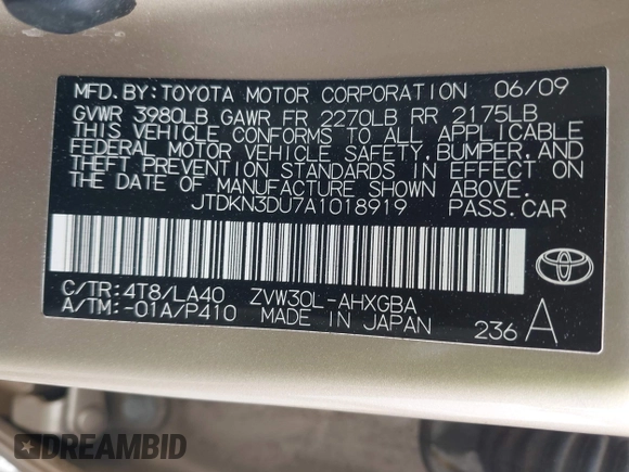 2010 Toyota Prius II with VIN JTDKN3DU7A1018919, listed as a IAAI auction lot 41947540 with 215,334 mi miles and . Bid and sale history available at DreamBid. Image 9.