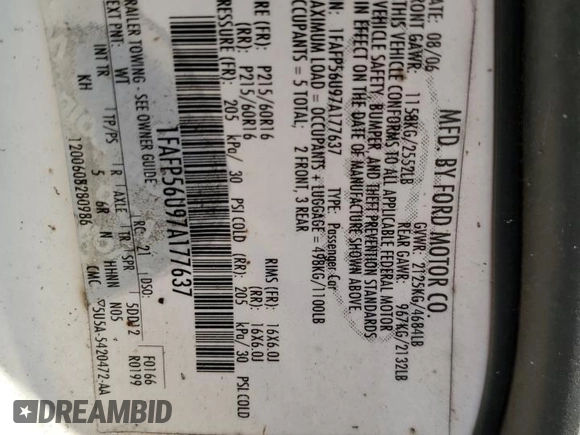 2007 Ford Taurus SEL with VIN 1FAFP56U97A177637, listed as a Copart auction lot 41812445 with 170,789 mi miles and Salvage Title. Bid and sale history available at DreamBid. Image 12.