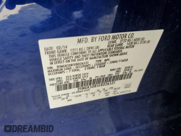 2014 Ford Flex Limited with VIN 2FMGK5D85EBD26531, listed as a Copart auction lot 53936165 with 135,649 mi miles and Salvage Title. Bid and sale history available at carsss.com. Image 14.