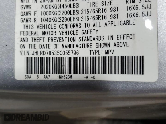 2005 Honda CR-V LX with VIN JHLRD78535C055796, listed as a Copart auction lot 46601285 with 207,021 mi miles and Salvage Title. Bid and sale history available at carsss.com. Image 13.