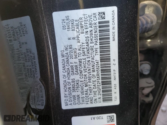 2024 Honda Civic Sport z VIN 2HGFE2F5XRH582547, wystawiony jako Copart lot #41798695 z przebiegiem 4 472 mil mil oraz Szkoda całkowita • Salvage title. Historia ofert i sprzedaży dostępna na DreamBid. Obrazek 14.