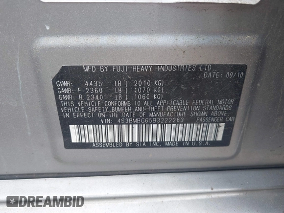2011 Subaru Legacy Premium Power Moon with VIN 4S3BMBG65B3222263, listed as a IAAI auction lot 42478380 with 209,757 mi miles and . Bid and sale history available at DreamBid. Image 9.