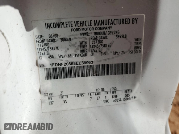 2008 Ford F-250 with VIN 1FDNF20568EE39063, listed as a Copart auction lot 81546053 with 260,163 mi miles and Salvage title. Bid and sale history available at DreamBid. Image 12.