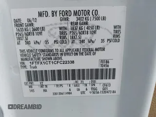 2012 Ford F-150 XL with VIN 1FTFX1CT1CFC22338, listed as a IAAI auction lot 42086676 with 167,401 mi miles. Bid and sale history available at carsss.com. Image 9.