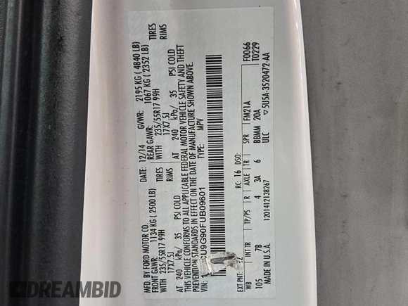 2015 Ford Escape SE with VIN 1FMCU9G90FUB09601, listed as a Copart auction lot 54174665 with 84,560 mi miles and Clean Title. Bid and sale history available at DreamBid. Image 13.