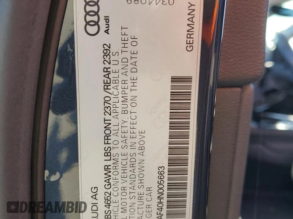 2017 Audi A4 Premium with VIN WAUGNAF40HN005663, listed as a Copart auction lot 52209295 with 117,924 mi miles and Clean Title. Bid and sale history available at carsss.com. Image 12.