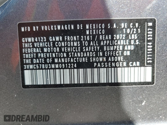 2021 Volkswagen Jetta S z VIN 3VWC57BU3MM091224, wystawiony jako Copart lot #59106445 z przebiegiem 32 234 mil mil oraz Szkoda całkowita • Salvage title. Historia ofert i sprzedaży dostępna na DreamBid. Obrazek 12.