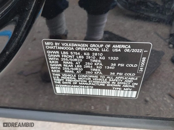 2022 Volkswagen Atlas 3.6L V6 SE w/Technology with VIN 1V2WR2CA9NC554870, listed as a IAAI auction lot 41291434 with 36,277 mi miles. Bid and sale history available at carsss.com. Image 9.