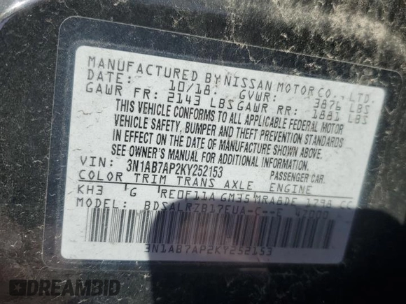 2019 Nissan Sentra S with VIN 3N1AB7AP2KY252153, listed as a Copart auction lot 46340695 with 68,049 mi miles and Salvage Title. Bid and sale history available at DreamBid. Image 12.
