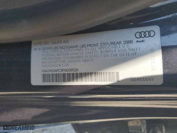 2015 Audi A7 3.0 Premium Plus with VIN WAUWGAFC3FN006526, listed as a Copart auction lot 62498114 with 77,221 mi miles and Salvage Title. Bid and sale history available at carsss.com. Image 12.