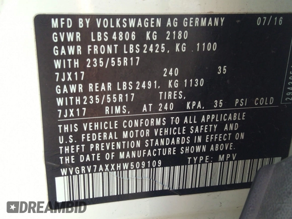 2017 Volkswagen Tiguan Wolfsburg Edition with VIN WVGRV7AXXHW509109, listed as a IAAI auction lot 42477386 with 77,645 mi miles and . Bid and sale history available at DreamBid. Image 9.