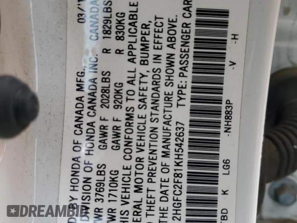 2019 Honda Civic Sedan Sport with VIN 2HGFC2F81KH542637, listed as a Copart auction lot 49427385 with 80,025 mi miles and Salvage Title. Bid and sale history available at carsss.com. Image 12.
