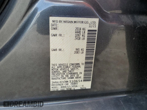 2022 Nissan Altima 2.0 SR with VIN 1N4AL4CV3NN310654, listed as a Copart auction lot 77949304 with 69,558 mi miles and Salvage Title. Bid and sale history available at carsss.com. Image 12.