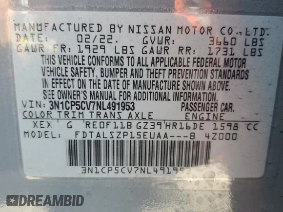 2022 Nissan Kicks SV with VIN 3N1CP5CV7NL491953, listed as a Copart auction lot 50599755 with 43,173 mi miles and Salvage Title. Bid and sale history available at DreamBid. Image 14.