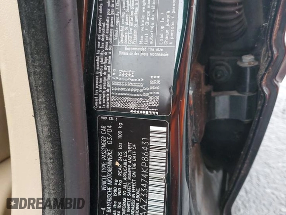 2004 BMW 3 Series 325i with VIN WBAAZ33474KP86431, listed as a Copart auction lot 81770104 with 136,890 mi miles and Salvage Title. Bid and sale history available at carsss.com. Image 12.