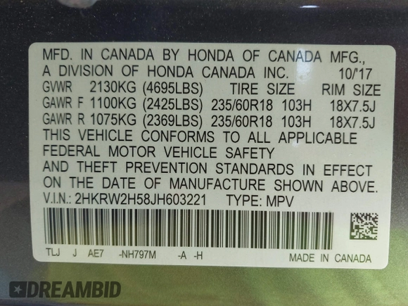 2018 Honda CR-V EX with VIN 2HKRW2H58JH603221, listed as a IAAI auction lot 40859528 with 185,494 mi miles. Bid and sale history available at carsss.com. Image 9.