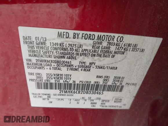 2013 Ford Flex SEL with VIN 2FMHK6C82DBD30465, listed as a IAAI auction lot 41667555 with 159,588 mi miles. Bid and sale history available at carsss.com. Image 9.
