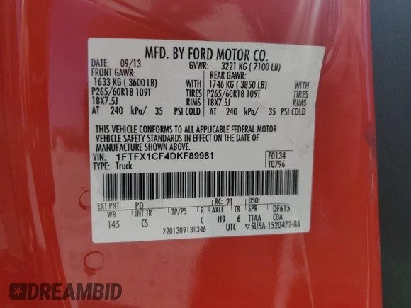 2013 Ford F-150 XL with VIN 1FTFX1CF4DKF89981, listed as a Copart auction lot 49700395 with 127,034 mi miles and Salvage Title. Bid and sale history available at carsss.com. Image 12.