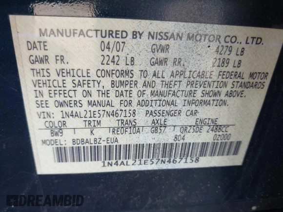 2007 Nissan Altima 2.5 with VIN 1N4AL21E57N467158, listed as a IAAI auction lot 41730780 with 156,925 mi miles. Bid and sale history available at carsss.com. Image 9.