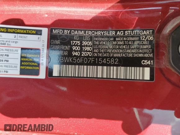 2007 Mercedes-Benz SLK 350 with VIN WDBWK56F07F154582, listed as a Copart auction lot 50014805 with 94,596 mi miles and Clean title. Bid and sale history available at DreamBid. Image 12.