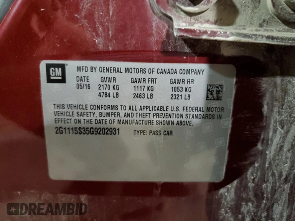 2016 Chevrolet Impala LT with VIN 2G1115S35G9202931, listed as a Copart auction lot 50147655 with 133,606 mi miles and Salvage Title. Bid and sale history available at DreamBid. Image 13.