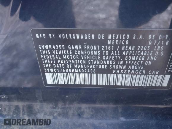 2017 Volkswagen Golf SportWagen S with VIN 3VWC17AU0HM502498, listed as a IAAI auction lot 41326696 with 158,663 mi miles. Bid and sale history available at carsss.com. Image 9.