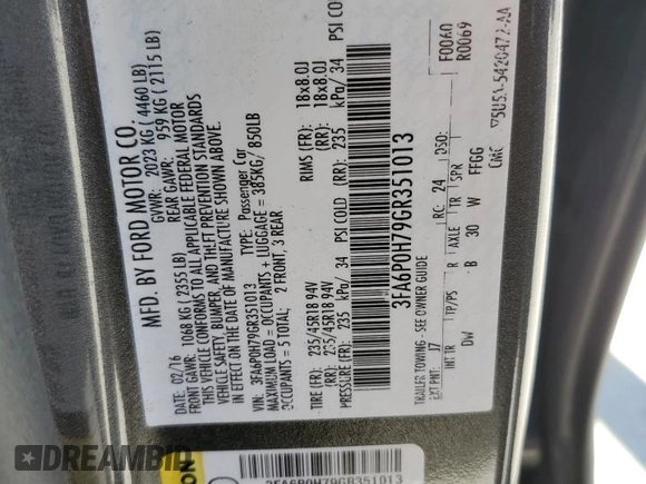 2016 Ford Fusion SE with VIN 3FA6P0H79GR351013, listed as a Copart auction lot 49544365 with 61,711 mi miles and Salvage Title. Bid and sale history available at DreamBid. Image 13.
