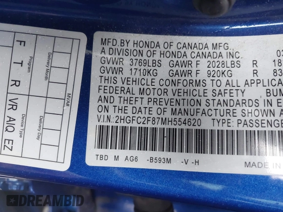 2021 Honda Civic Sport with VIN 2HGFC2F87MH554620, listed as a IAAI auction lot 41743596 with 52,327 mi miles and . Bid and sale history available at DreamBid. Image 9.