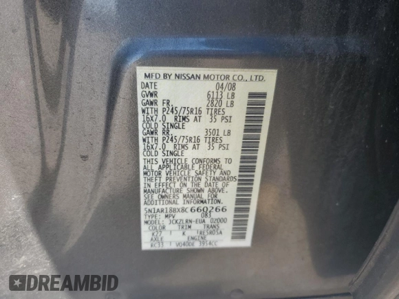 2008 Nissan Pathfinder S z VIN 5N1AR18BX8C660266, wystawiony jako Copart lot #59565155 z przebiegiem 107 273 mil mil oraz Czysty tytuł • Clean title. Historia ofert i sprzedaży dostępna na DreamBid. Obrazek 13.