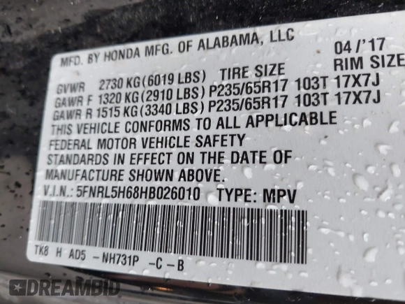 2017 Honda Odyssey EX-L with VIN 5FNRL5H68HB026010, listed as a IAAI auction lot 41884999 with 138,943 mi miles and . Bid and sale history available at DreamBid. Image 9.