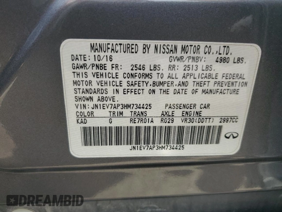 2017 Infiniti Q50 Premium z VIN JN1EV7AP3HM734425, wystawiony jako Copart lot #51866275 z przebiegiem 160 813 mil mil oraz Szkoda całkowita • Salvage title. Historia ofert i sprzedaży dostępna na DreamBid. Obrazek 15.