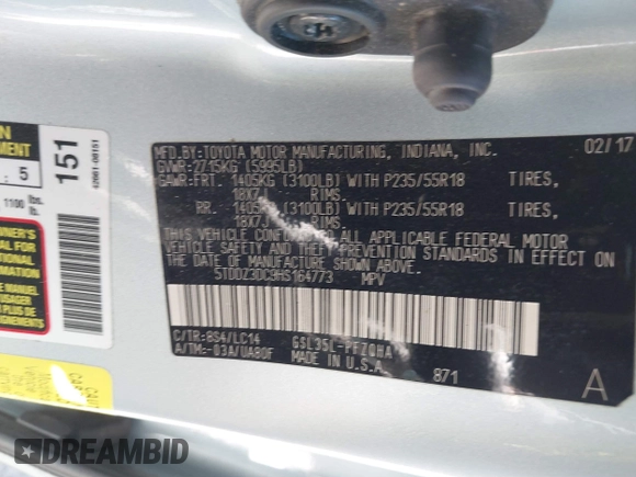 2017 Toyota Sienna with VIN 5TDDZ3DC9HS164773, listed as a IAAI auction lot 41811899 with 100,301 mi miles and . Bid and sale history available at DreamBid. Image 9.