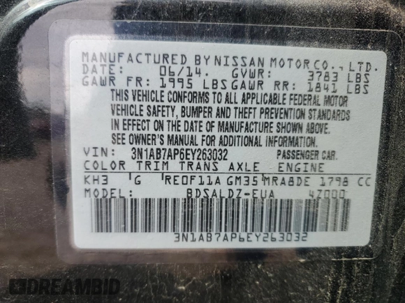 2014 Nissan Sentra SV with VIN 3N1AB7AP6EY263032, listed as a Copart auction lot 50011035 with 122,115 mi miles and Clean Title. Bid and sale history available at DreamBid. Image 14.