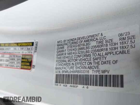 2024 Honda Odyssey EX-L with VIN 5FNRL6H66RB003316, listed as a IAAI auction lot 41304872 with 12,810 mi miles and . Bid and sale history available at DreamBid. Image 9.