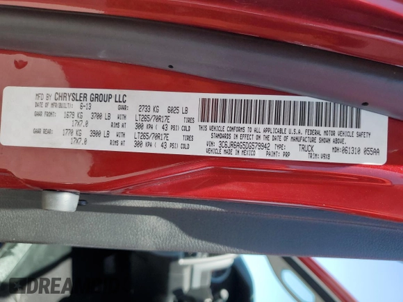 2013 Ram 1500 Tradesman with VIN 3C6JR6AG5DG579942, listed as a Copart auction lot 54451915 with 113,025 mi miles and Salvage title. Bid and sale history available at DreamBid. Image 12.