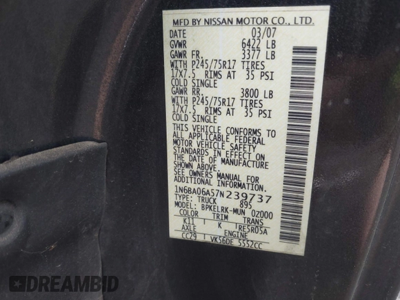 2007 Nissan Titan LE with VIN 1N6BA06A57N239737, listed as a IAAI auction lot 42222533 with 183,336 mi miles and . Bid and sale history available at DreamBid. Image 9.